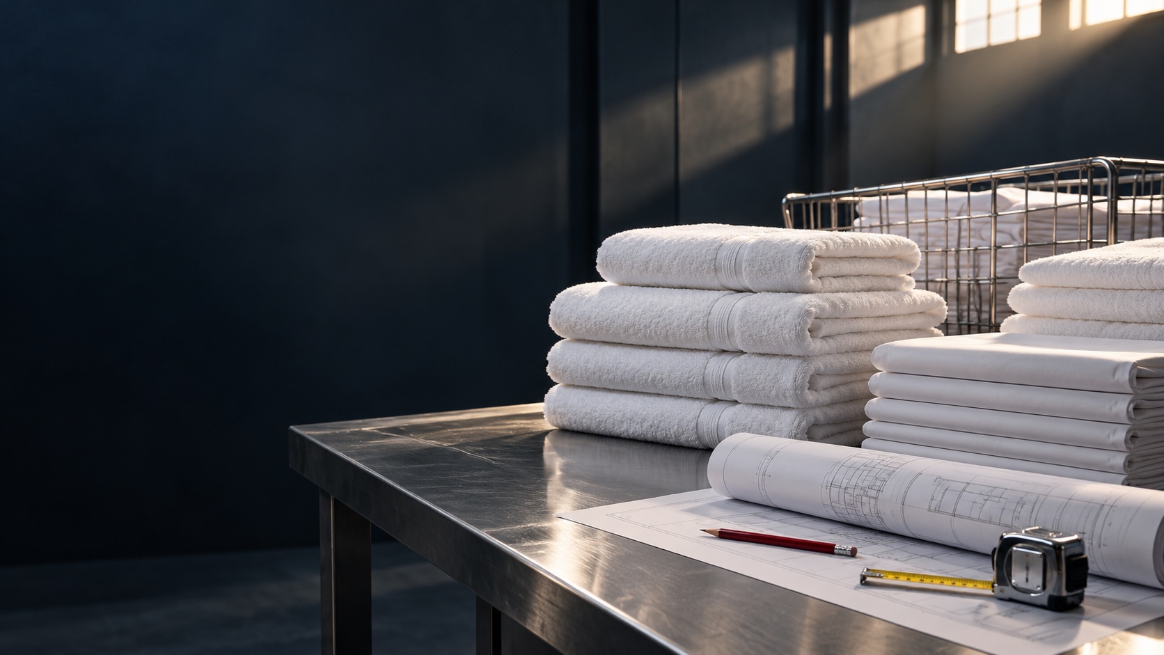Composición ilustrativa de textiles de hotel, una cesta y planos sobre una mesa de trabajo